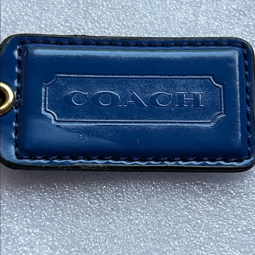 Coach Blue Leather Purse Fob Key Tag with Brass Disc Charm